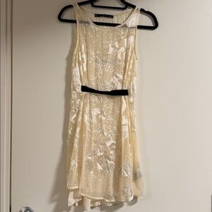 Sheer Cream Dress with Black Velvet Elastic Belt